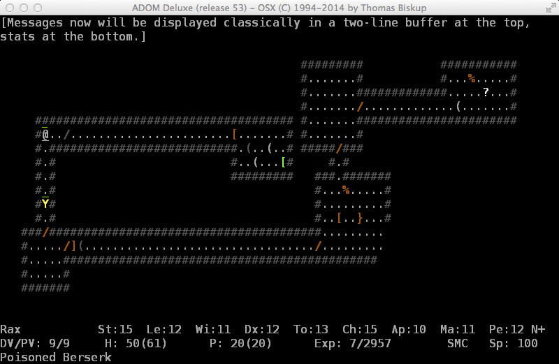 ADOM gameplay showing an ASCII dungeon layout with character statistics displayed at the bottom.Image courtesy of Assemble Entertainment.