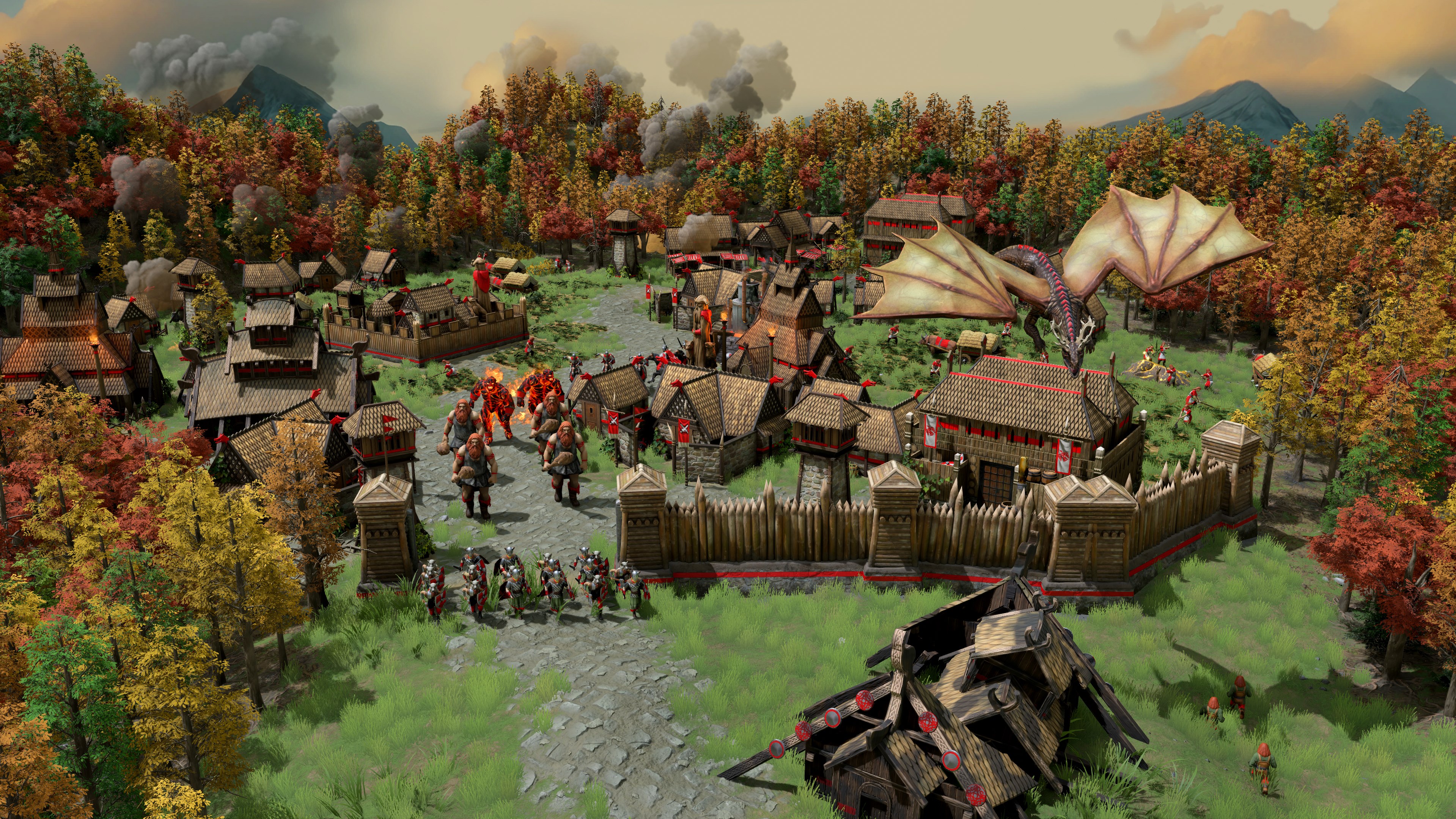A screenshot from Age of Mythology: Retold shows a battle scene in a village with mythical creatures, including a dragon, and soldiers.