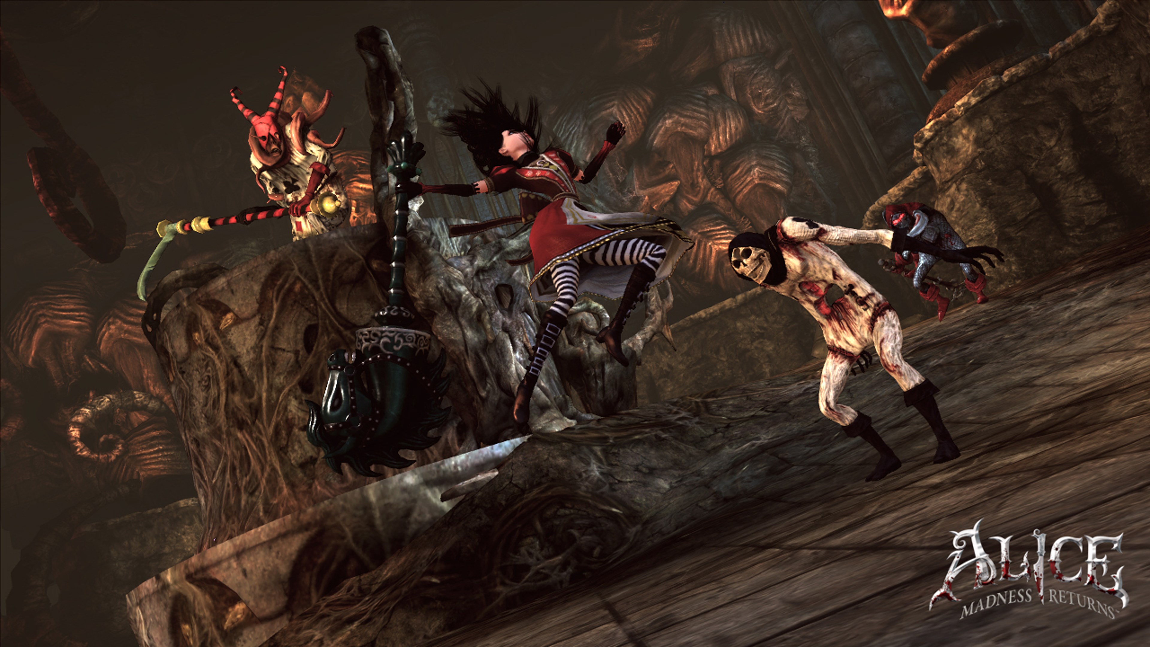 A screenshot from Alice: Madness Returns shows the character Alice in a dark, fantastical world, attacking a grotesque creature with a knife.