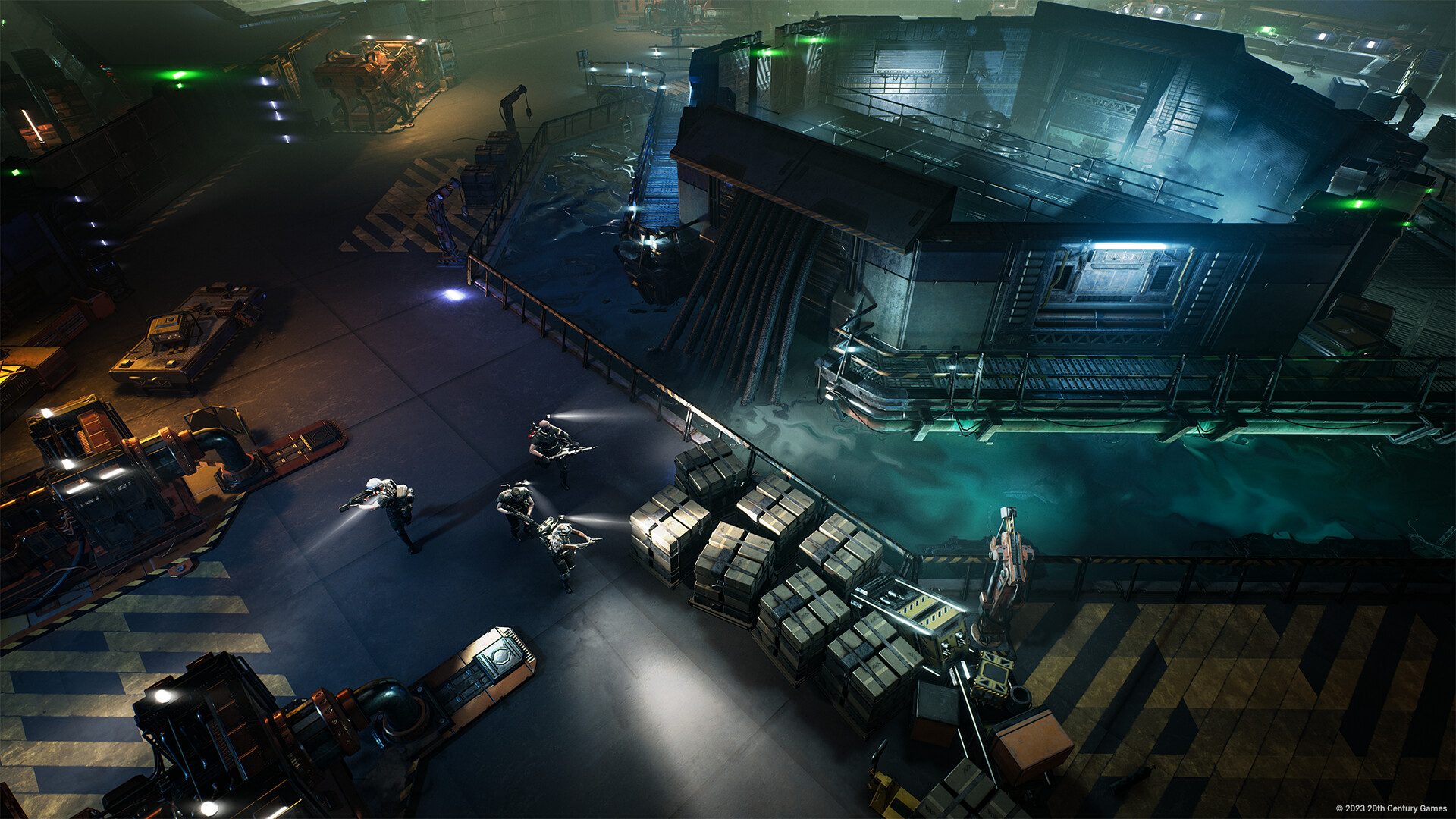 Aliens: Dark Descent shows a top-down view of soldiers with flashlights cautiously advancing through a futuristic, industrial facility.