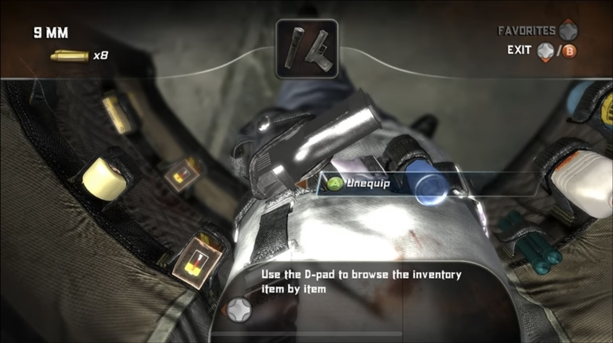 Alone in the Dark 5 inventory showing a close-up of a character's jacket with various items like a 9mm pistol and ammunition.