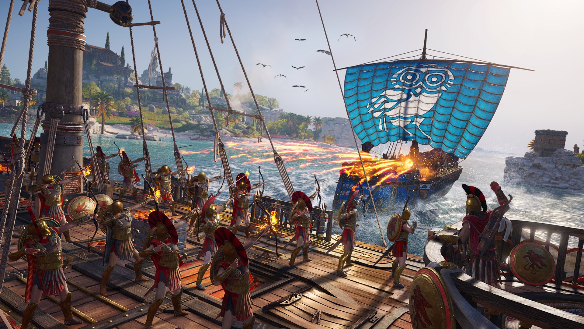 A screenshot from Assassin’s Creed: Odyssey shows a naval battle scene with a ship adorned with an owl sail, surrounded by other ships and soldiers.