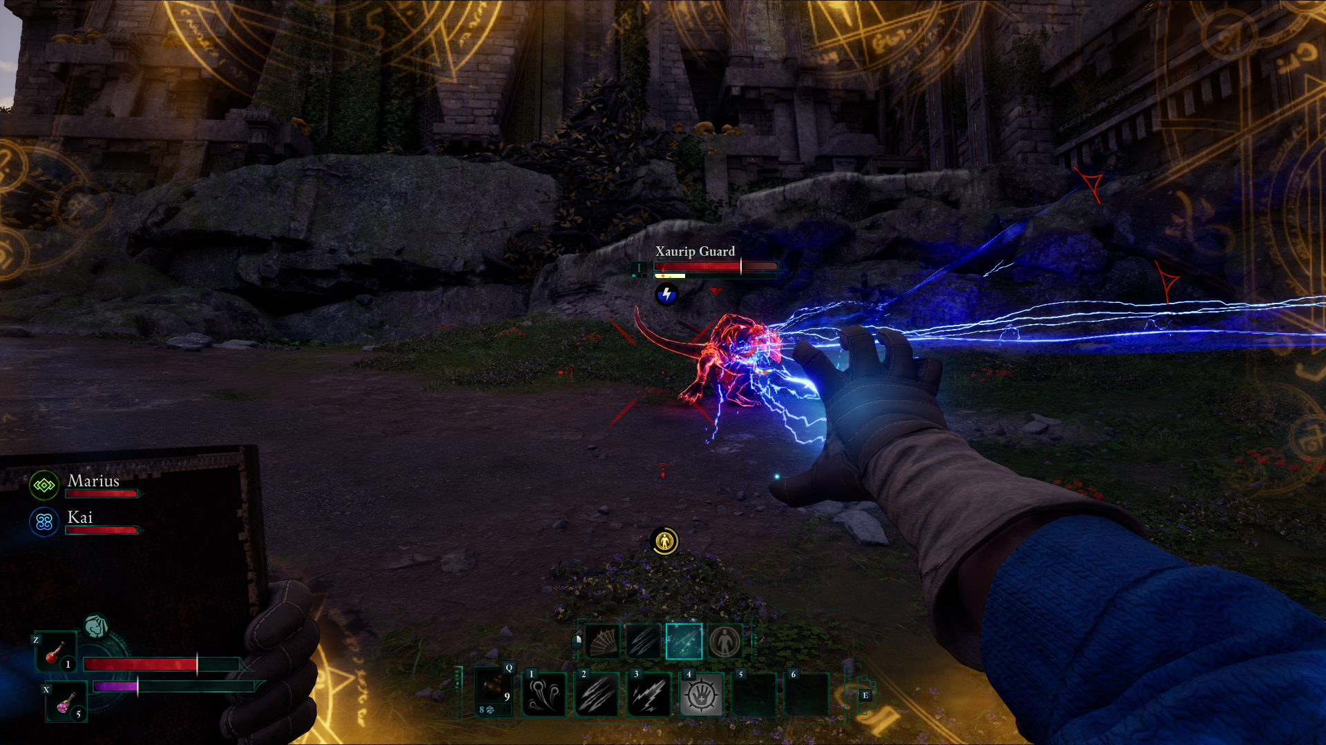 Lightning spell attack on xaurip, one of the game's enemy creatures.