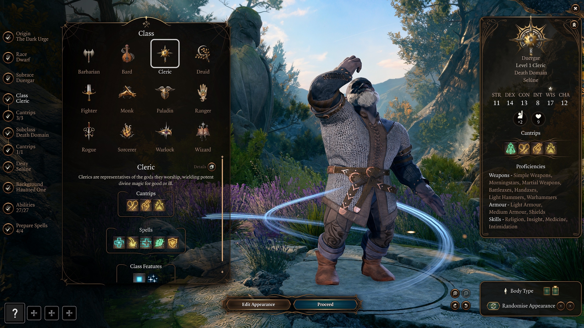 Baldur's Gate III character creation screen, with a dwarf cleric selected. Screenshot by author.