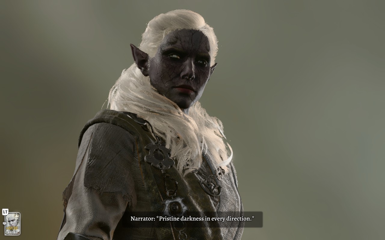Baldur's Gate 3 shows the character, a female Drow with white hair, standing against a simple background as the narrator speaks.