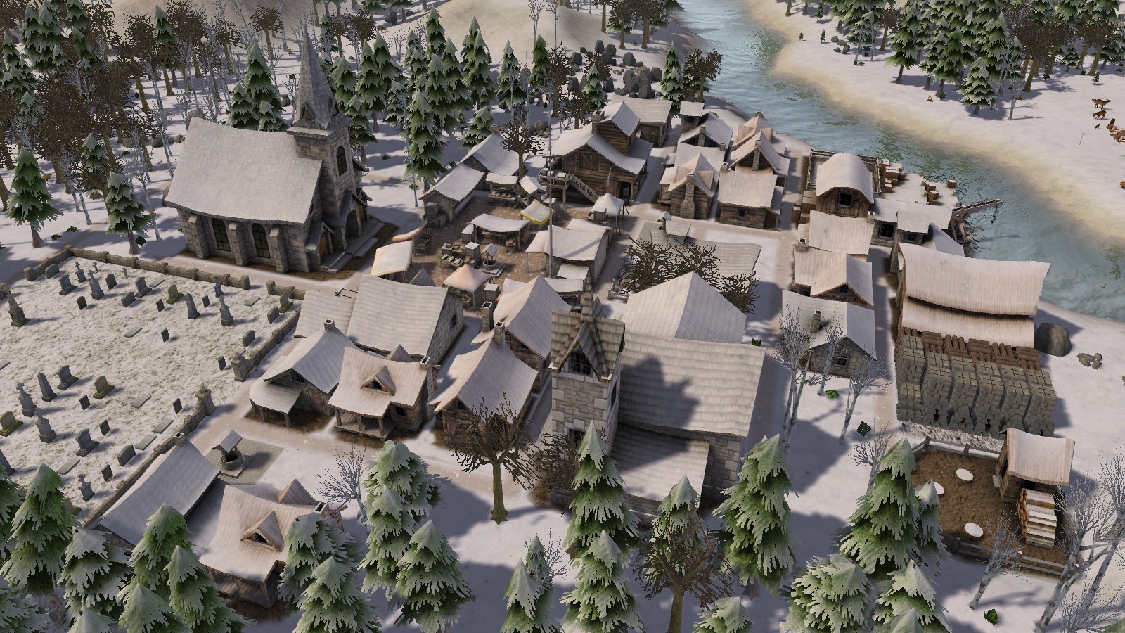 A snowy village in Banished: a large cemetery, a church, some houses, a market, and a few production buildings.