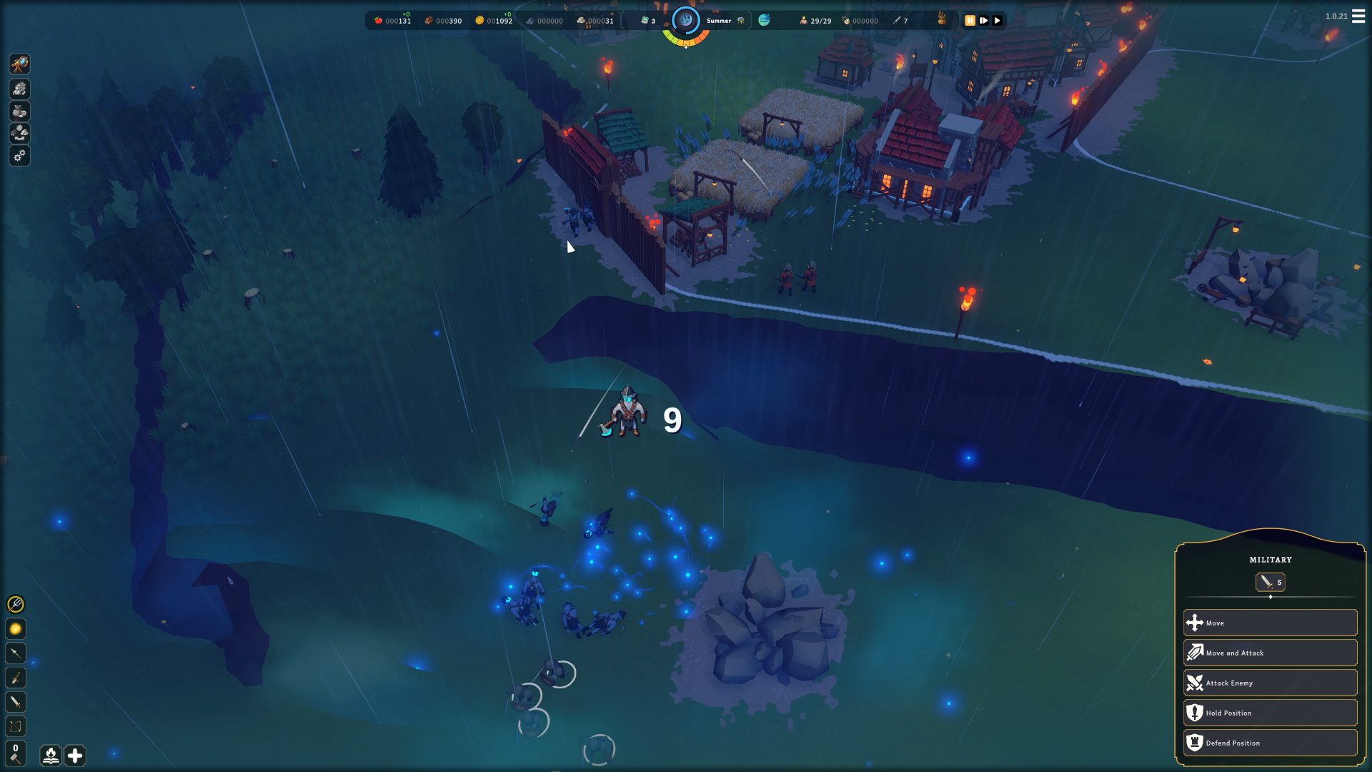 A rainy night in Becastled, less than a dozen undead are attacking the village palisade gates, with some swordsmen and archers fending them off.