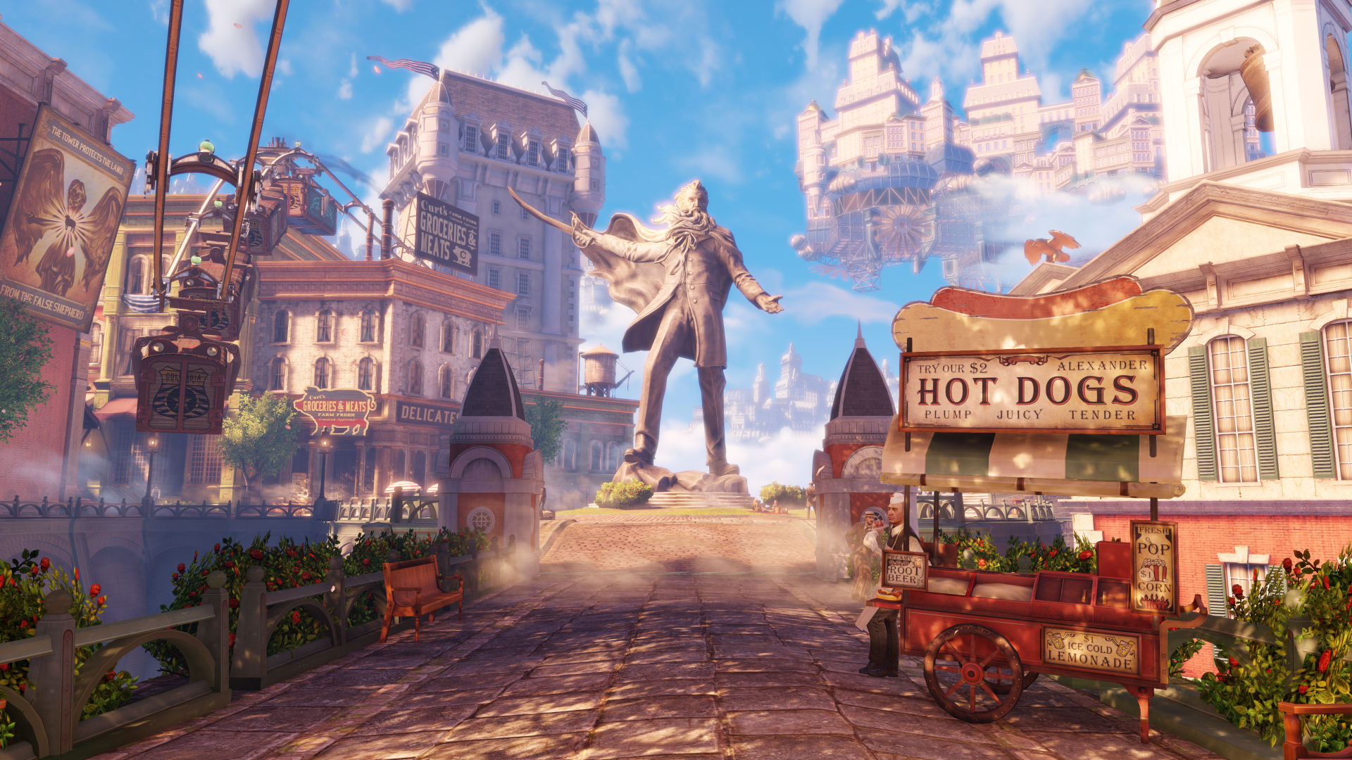 Bioshock Infinite's floating city Columbia street scene with a massive statue and a hot dog cart.