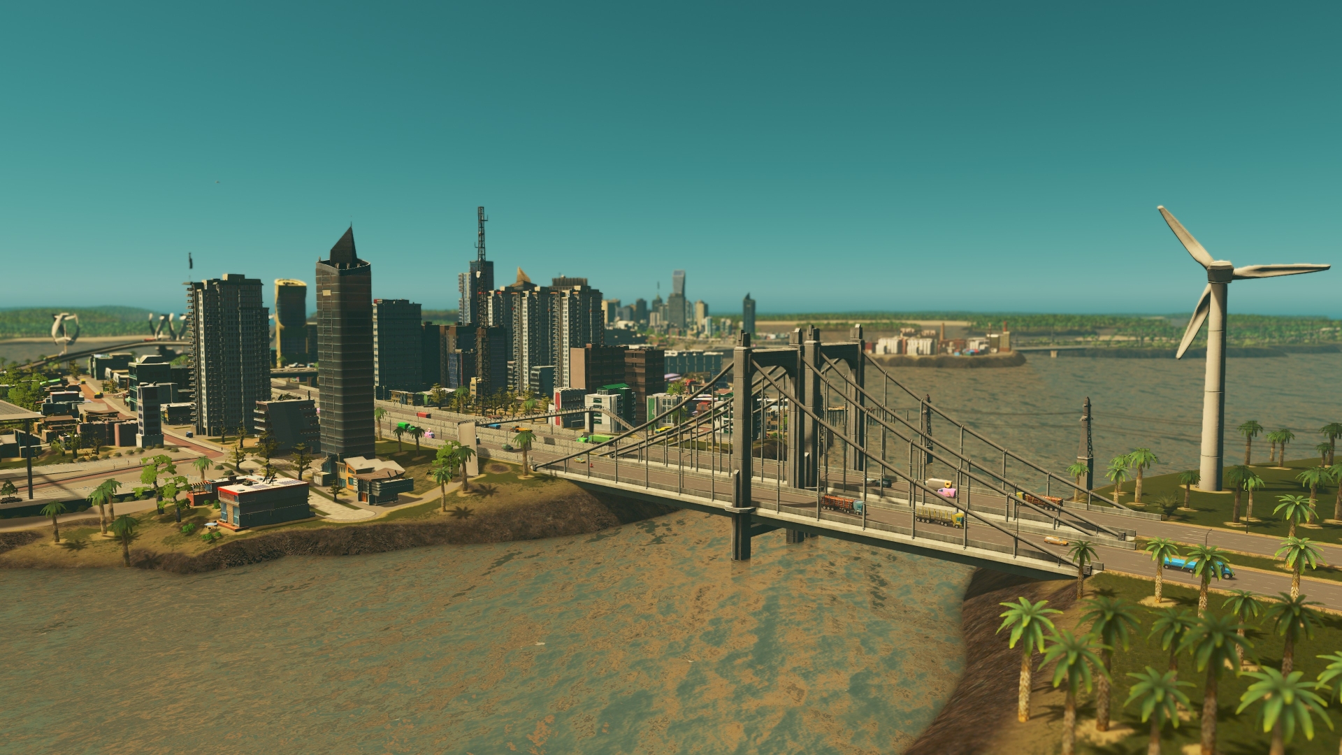 A set of tropical islands in Cities: Skylines with some high rises in the background and lower density residential zones in the foreground.