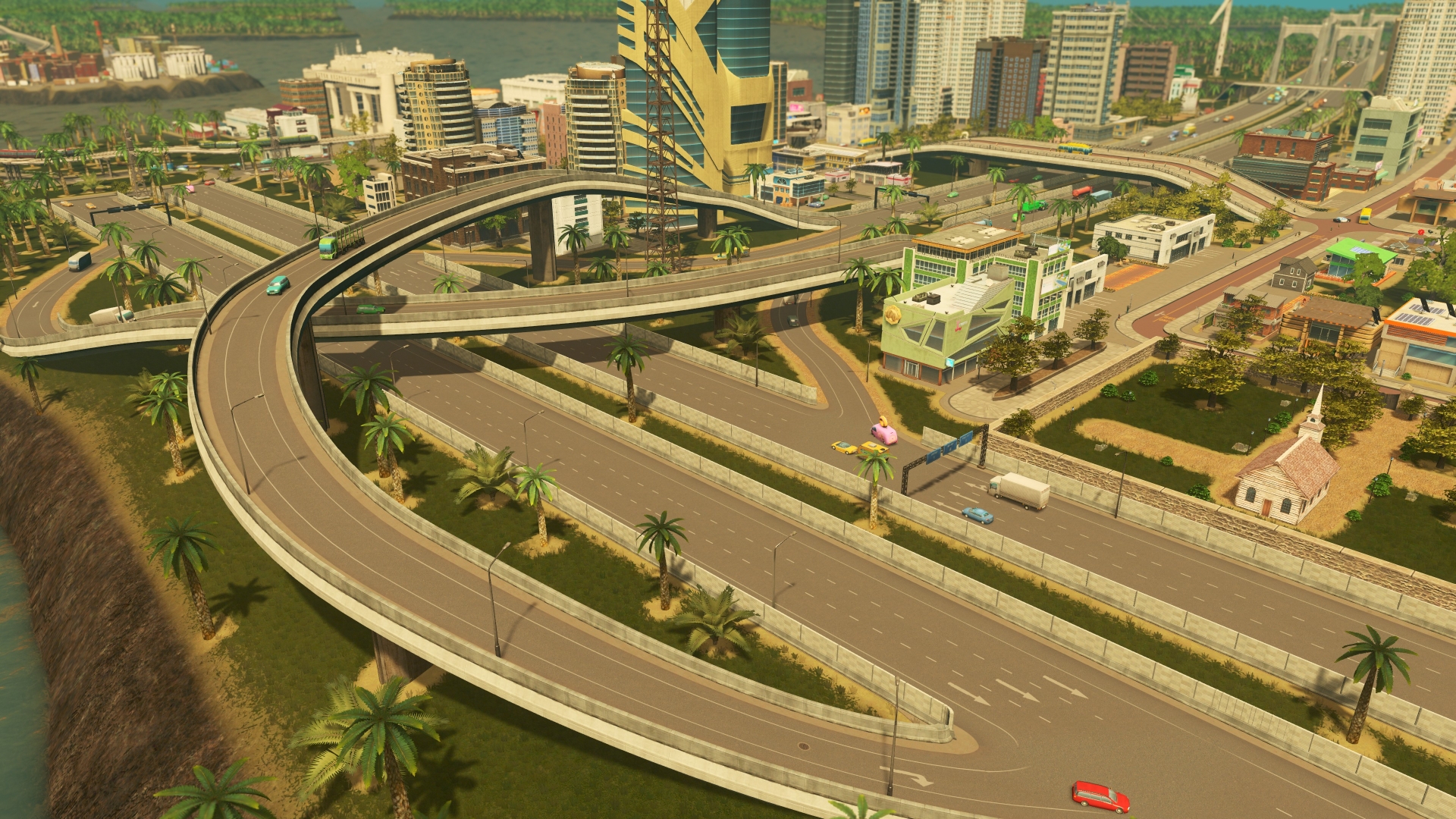 A highway exit in Cities: Skylines with some high rises visible in the background.
