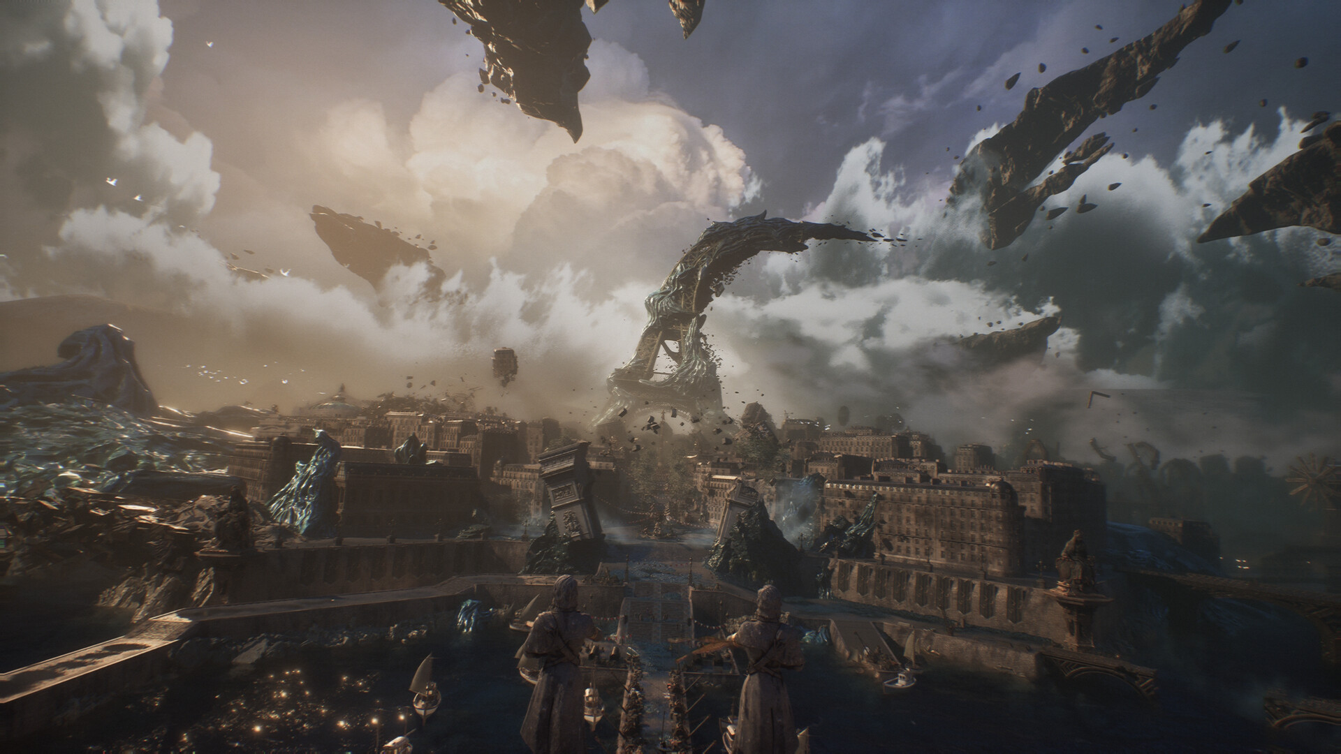 A surreal depiction of contorted Eiffel Tower.