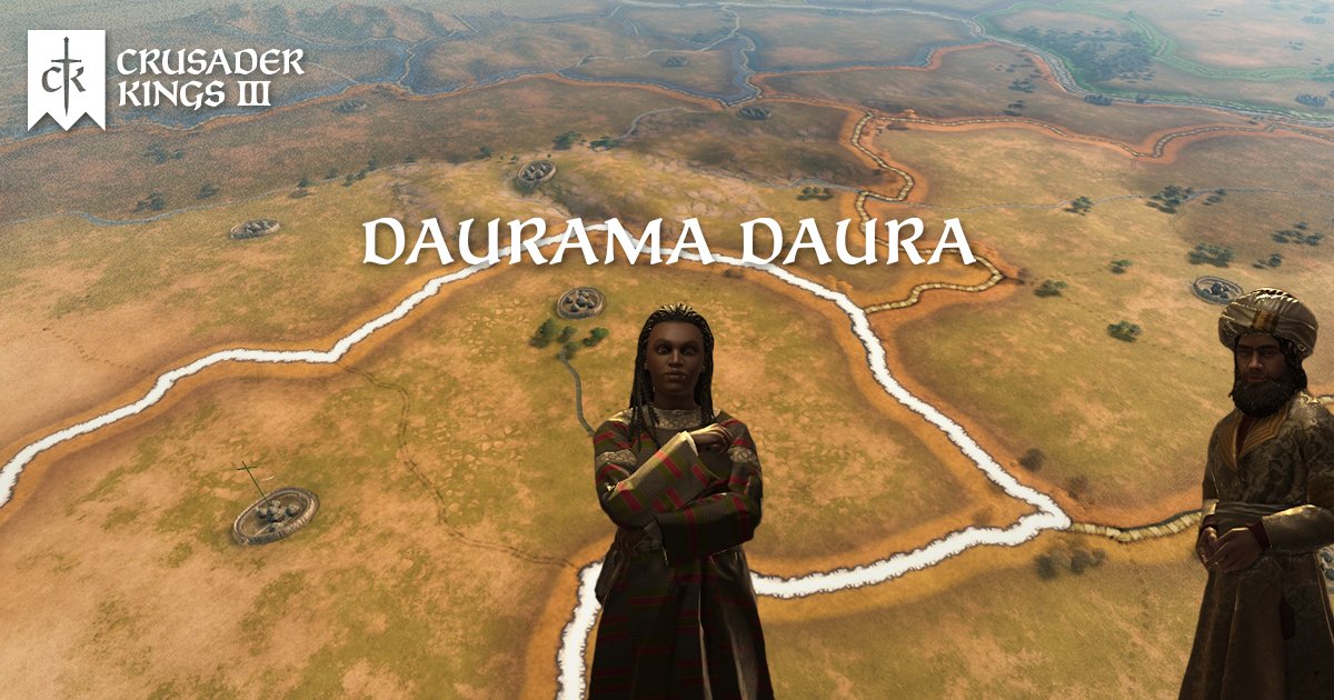 Crusader Kings III features Daurama Daura standing before a vast, detailed map of her African territories. Image courtesy of Paradox Interactive.