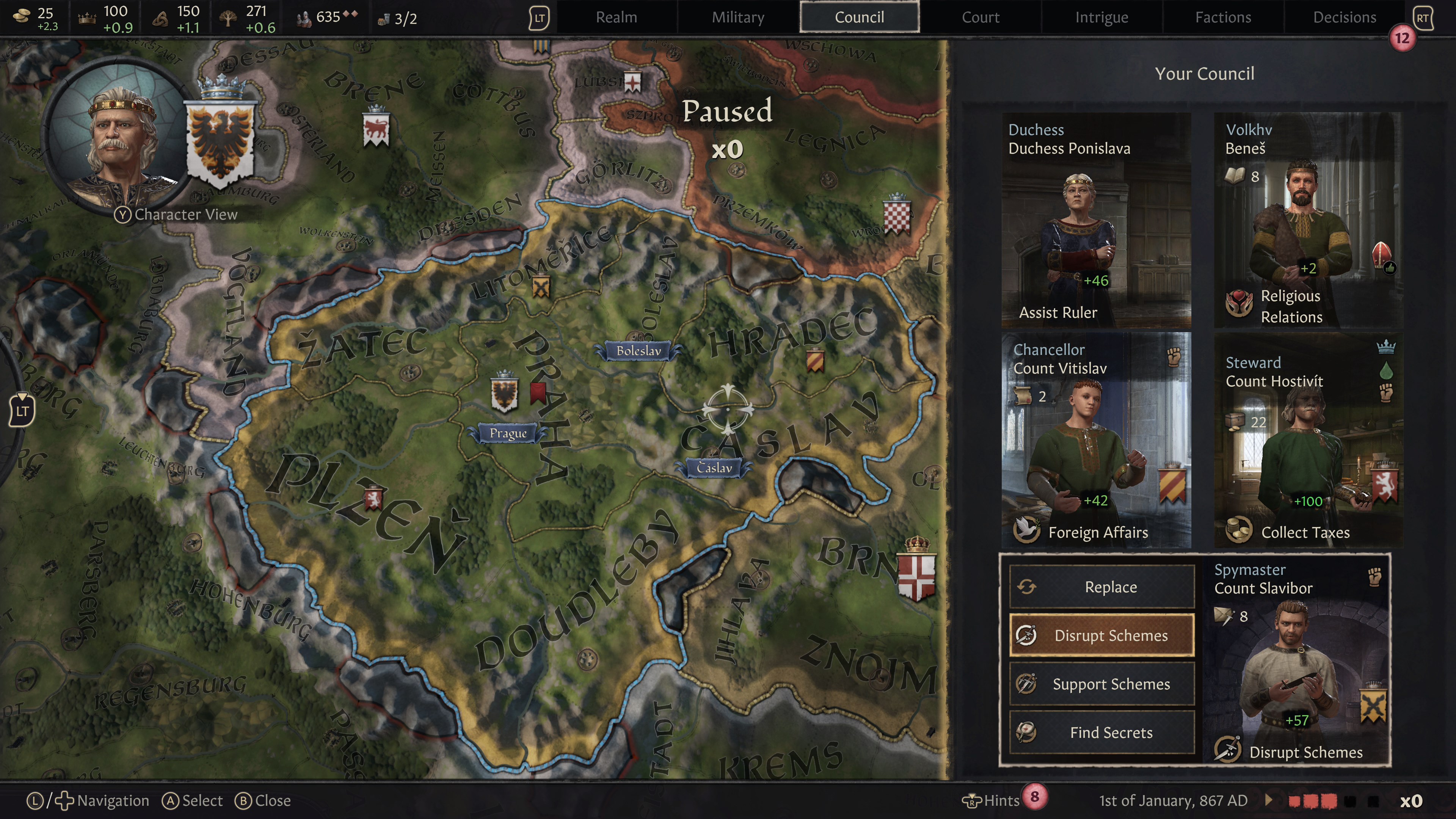 A screenshot from Crusader Kings III shows a medieval map with various territories and character portraits on the side, indicating council members and options.