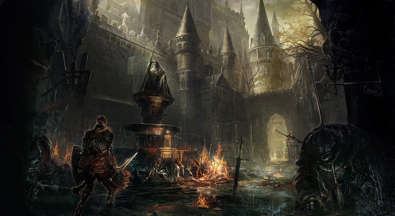 Artistic rendition of a Dark Souls 3 castle with a protagonist and a dead knight in a foreground (press kit).