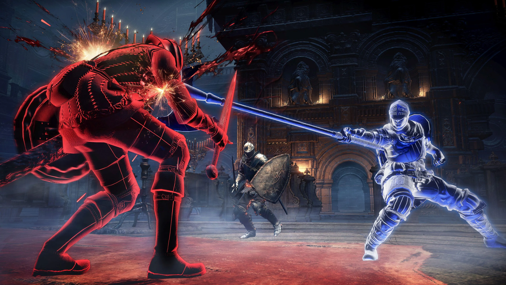 Two Dark Souls III phantoms, one red and one blue, duel with greatswords while another character watches in a large, gothic cathedral.