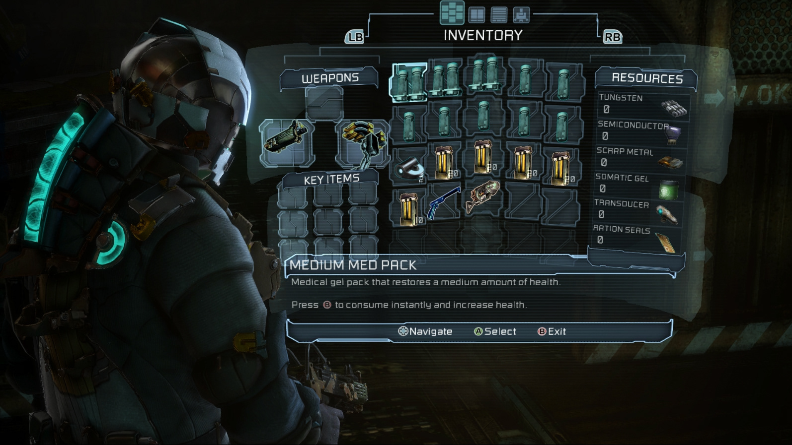 Dead Space (2008) shows Isaac Clarke in front of a grid-based menu displaying weapons, resources, and key items.