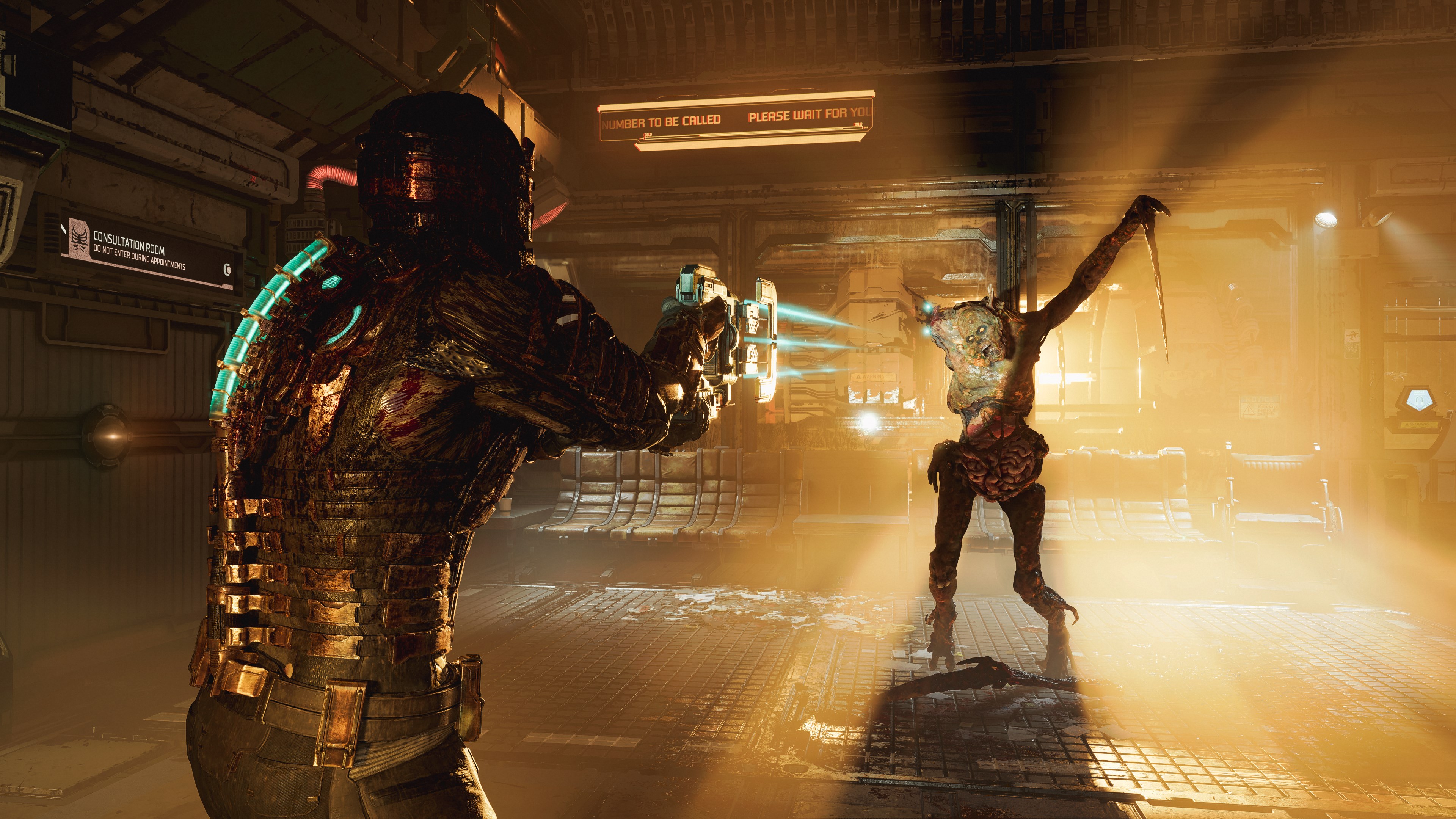 A screenshot from Dead Space (2023) shows a character in futuristic armor facing a terrifying, dismembered necromorph creature in a dark, industrial corridor.