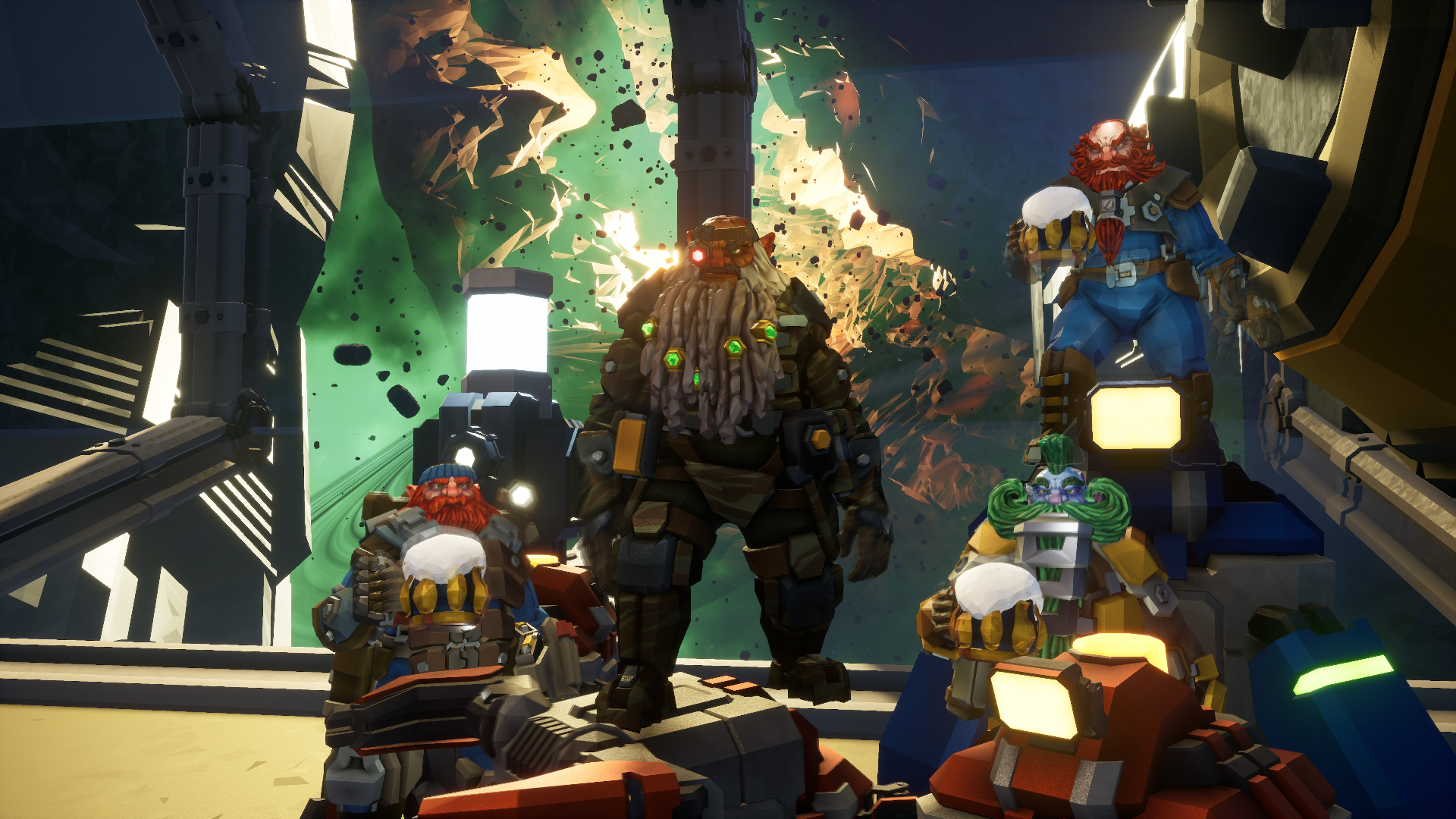 Four dwarves of Deep Rock Galactic standing in their spaceship while holding their beer mugs. Image courtesy of Ghost Ship Games.
