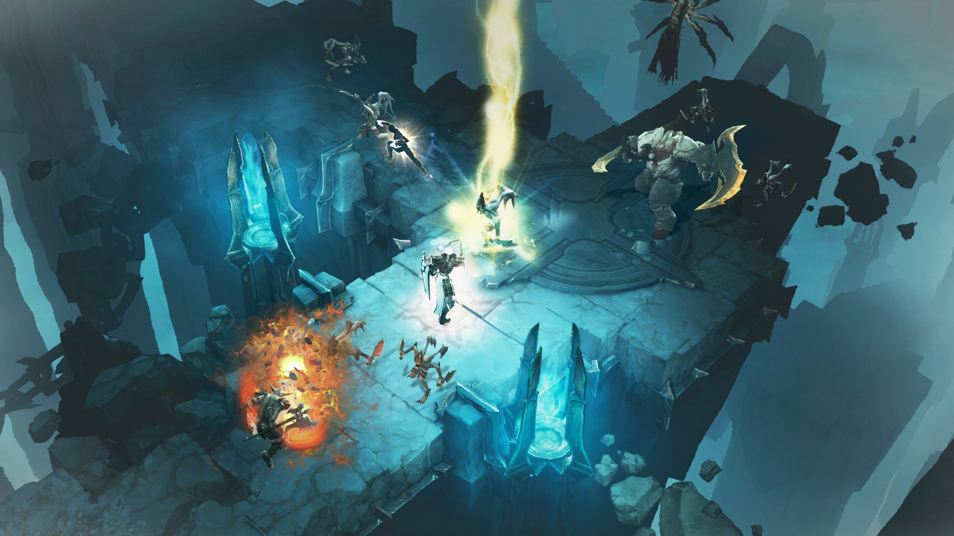 A screenshot from Diablo III shows a character in a dark, dungeon-like setting, surrounded by enemies and a bright beam of light.