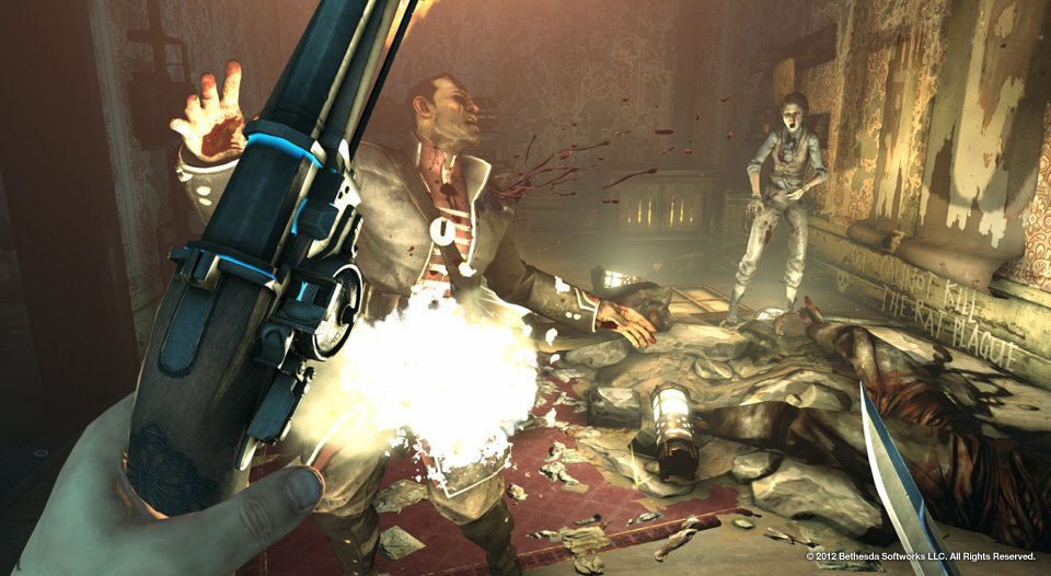 A Dishonored protagonist shooting a guard point-blank, with another guard recoiling in horror in the background. Image courtesy of Arkane Studios.