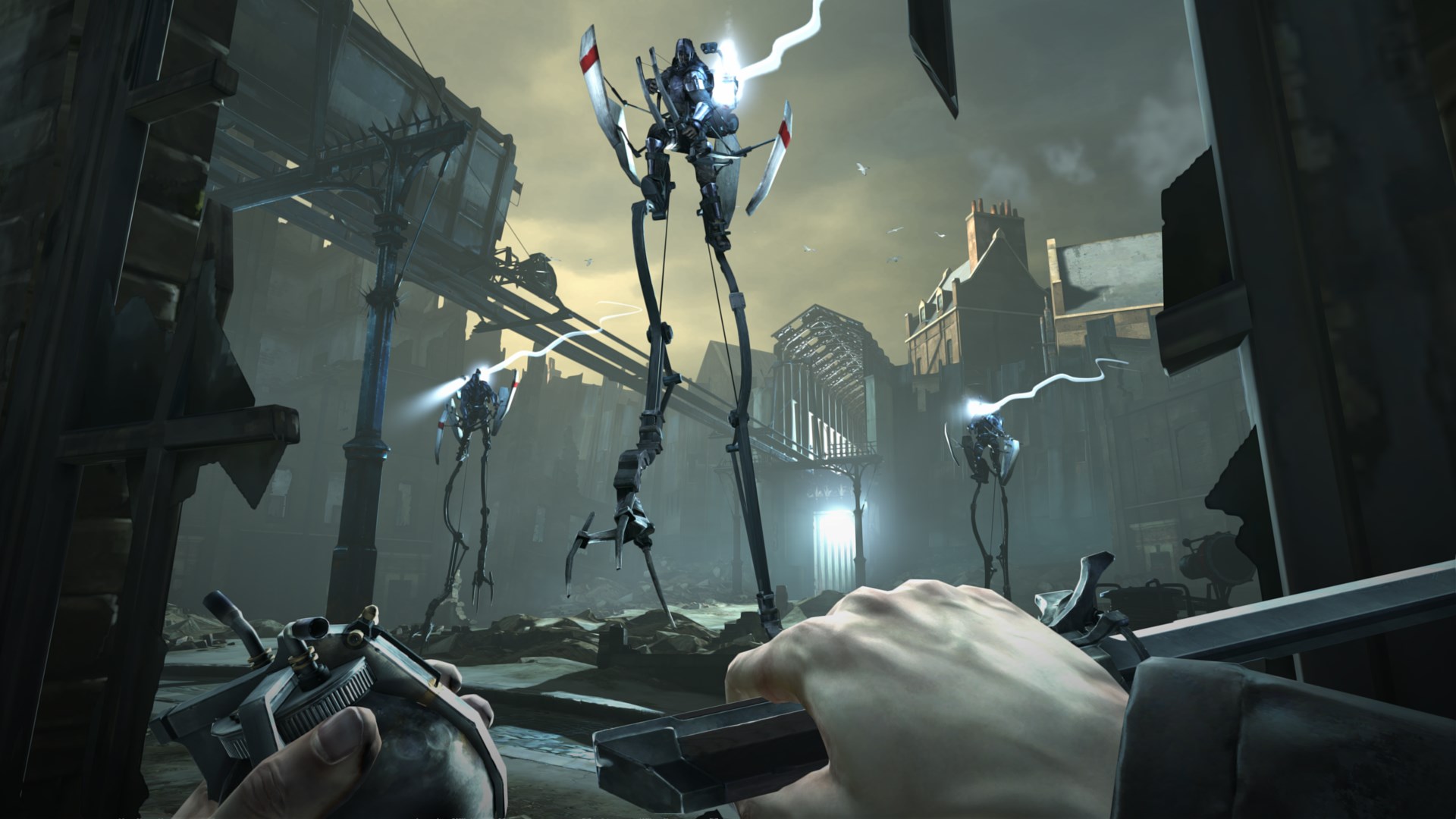 A screenshot from Dishonored shows a first-person view of a character looking up at tall, mechanical walker-like figures in a dark, industrial, "whaler-punk" city.