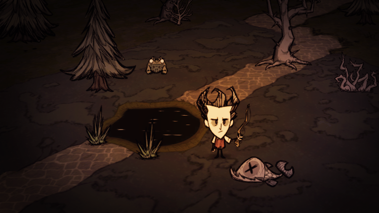 A protagonist of Don't Starve holding a fishing rod next to a meager dead fish. Image courtesy of Klei Entertainment.