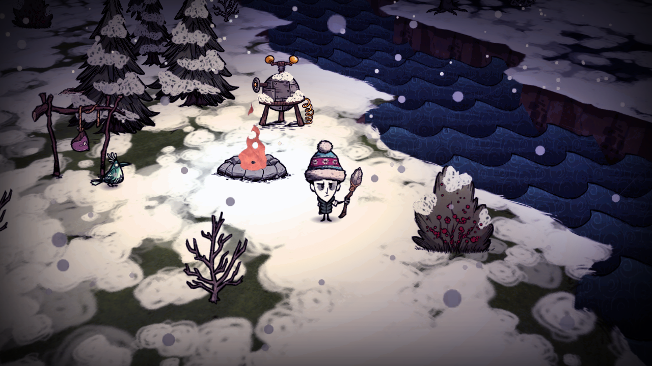 Protagonist of Don't Starve huddled by a fire at a meager snowy campsite. Image courtesy of Klei Press.