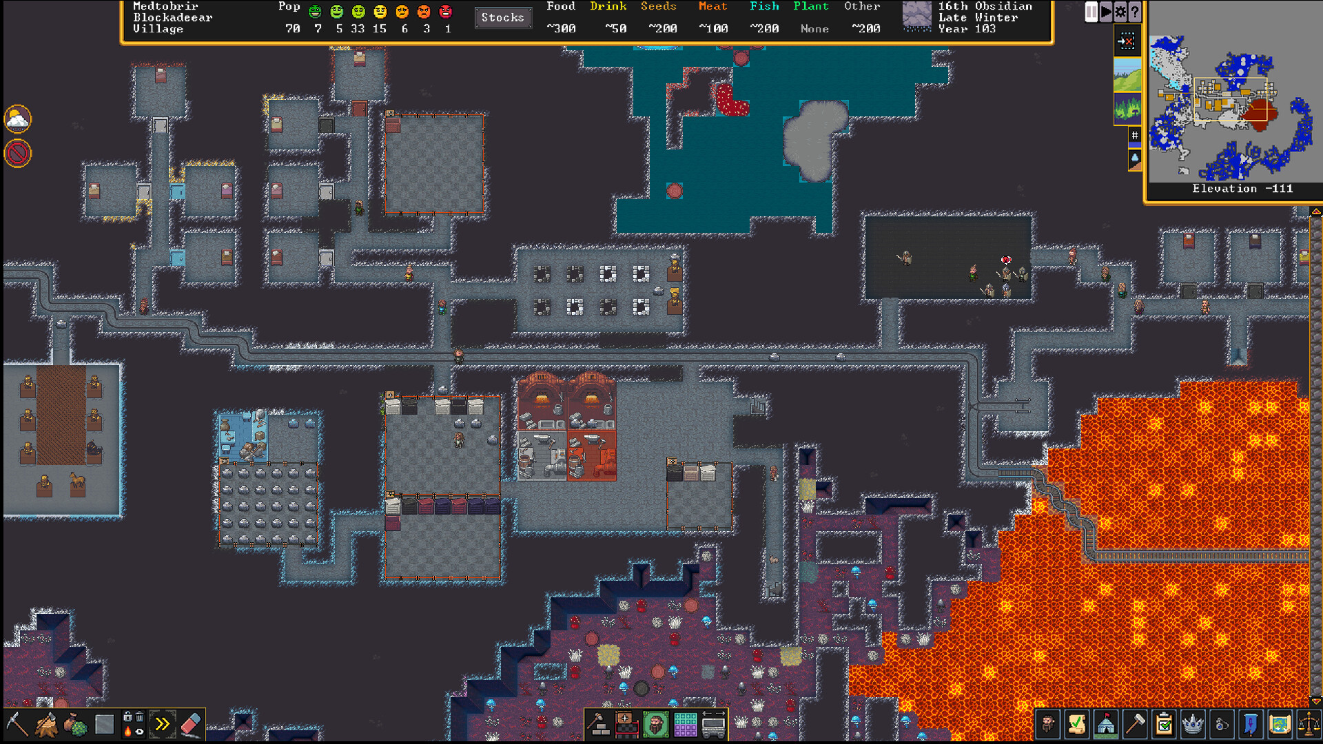 A pixelated screenshot of a Dwarf Fortress fortress: specialized rooms, beds, and a lava pool. Image courtesy of Bay 12 Games. 