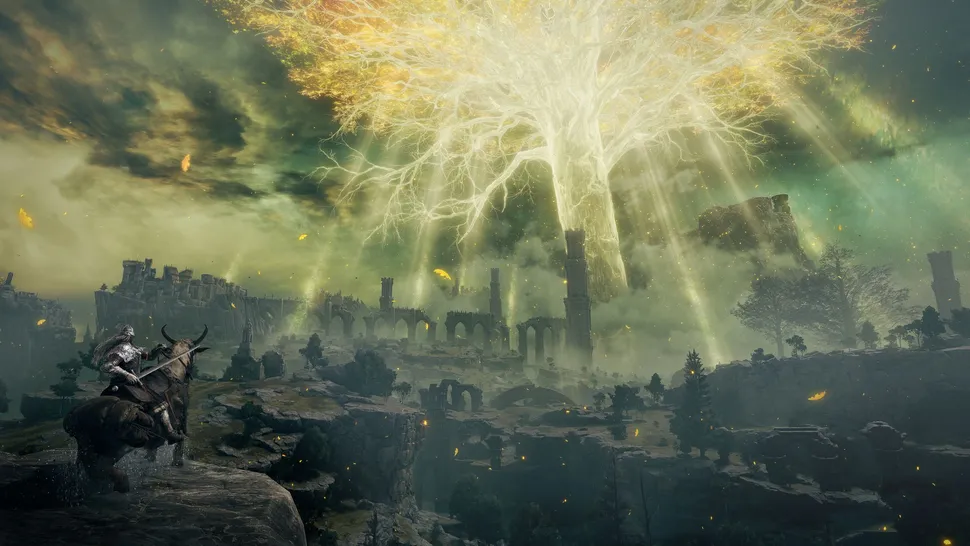Elden Ring shows a lone knight on a mount overlooking a vast, ruined landscape with a large golden tree dominating the sky.