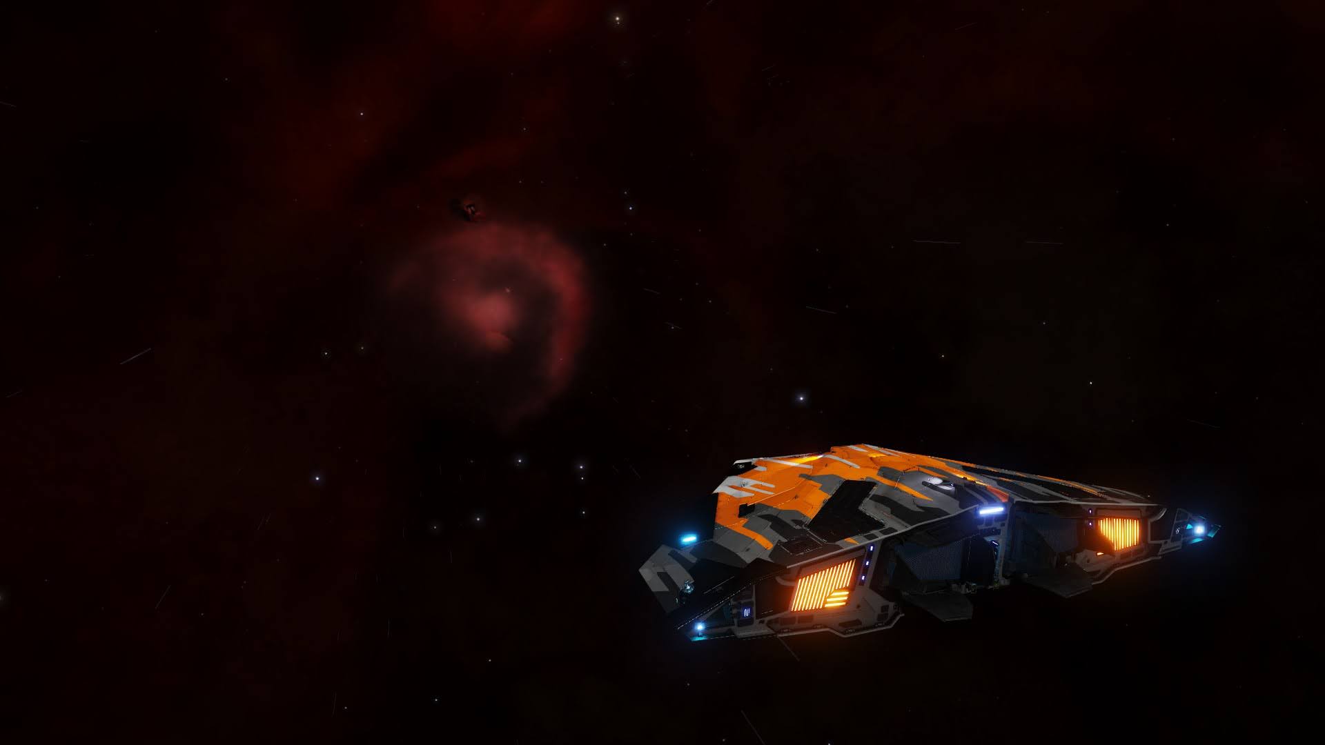 A small spaceship in Elite Dangerous, painted in orange and grey, with a star in the background.