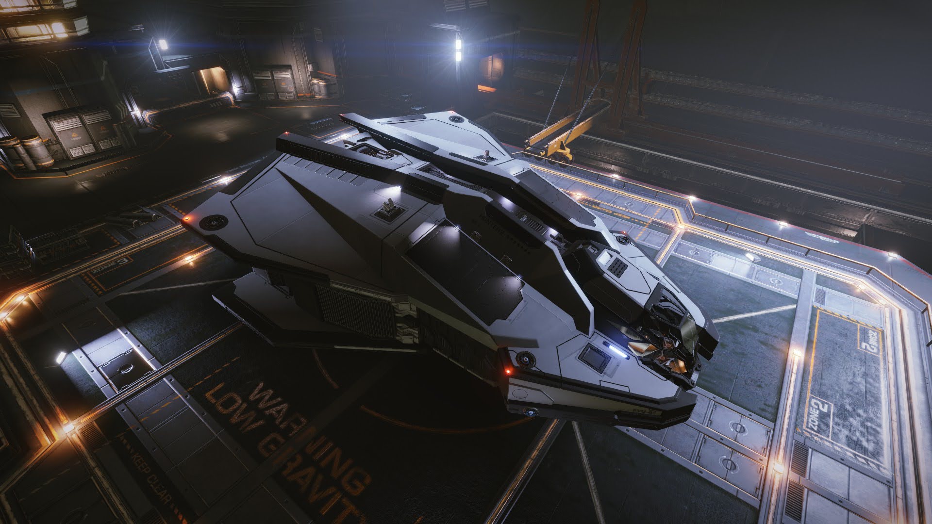 Elite Dangerous shows a Vulture-class combat ship parked on a landing pad inside a space station.