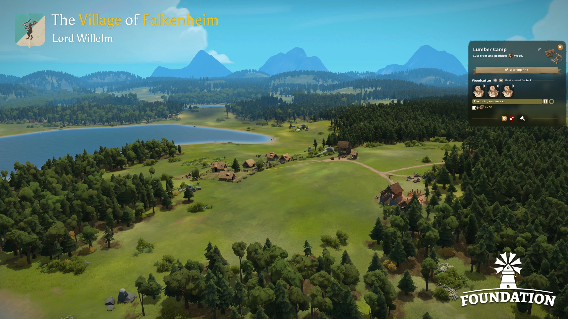 Foundation: a village in lush, vibrant rolling hills, beside a calm lake, surrounded by a dense forest under a clear sky.