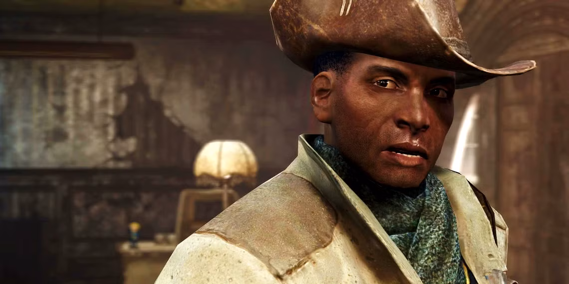 Fallout 4's Preston Garvey in his minutemen coat and a cowboy hat.
