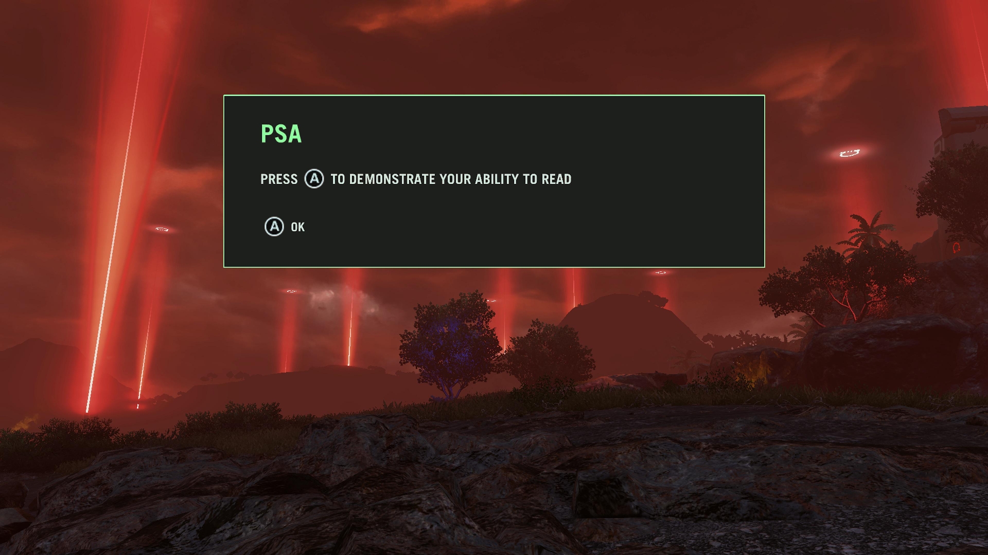 Far Cry 3: Blood Dragon displays a humorous tutorial prompt over a red-tinted landscape with glowing light beams. Image courtesy of Ubisoft.