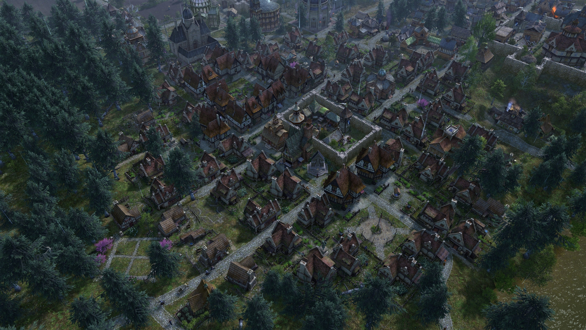 Rows of brick houses surrounding a walled market in Farthest Frontier.