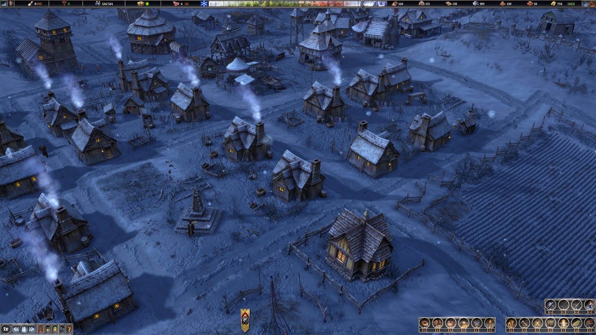 A medieval town covered by snow in Farthest Frontier. Screenshot by author.