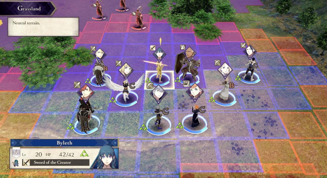 Fire Emblem: Three Houses - a tactical grid with multiple combatants.