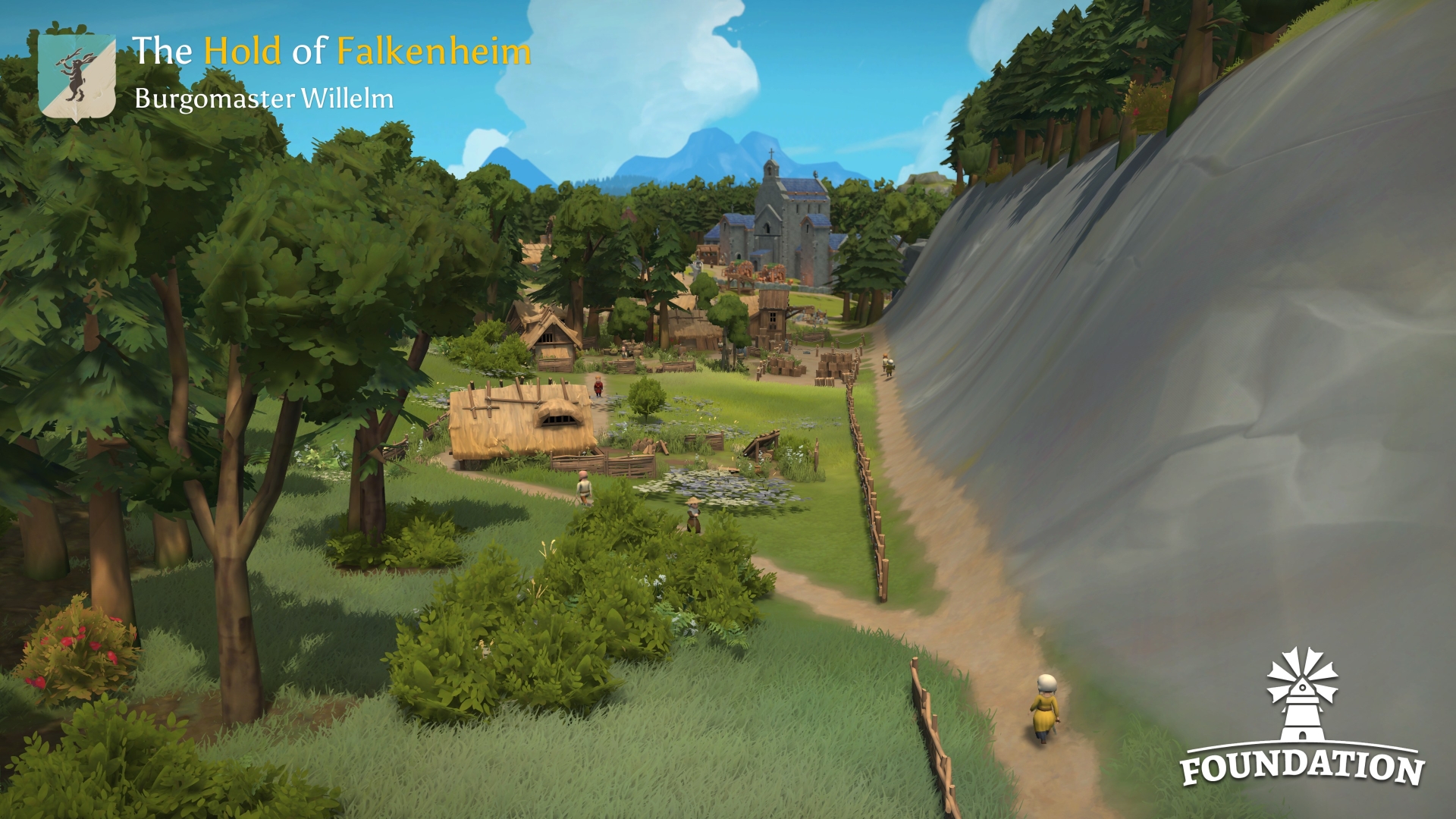 Foundation shows a villager walking on a mountainside road towards a monastery in the distance.