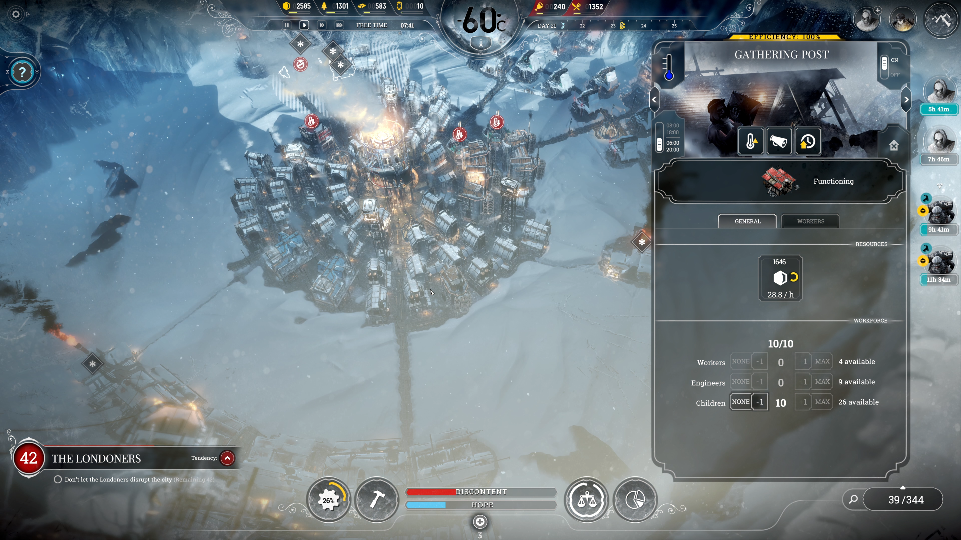 A small town in Frostpunk frozen wasteland, with a low temperature indicators over some buildings.