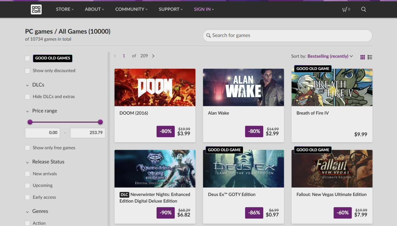 Good Old Games storefront.