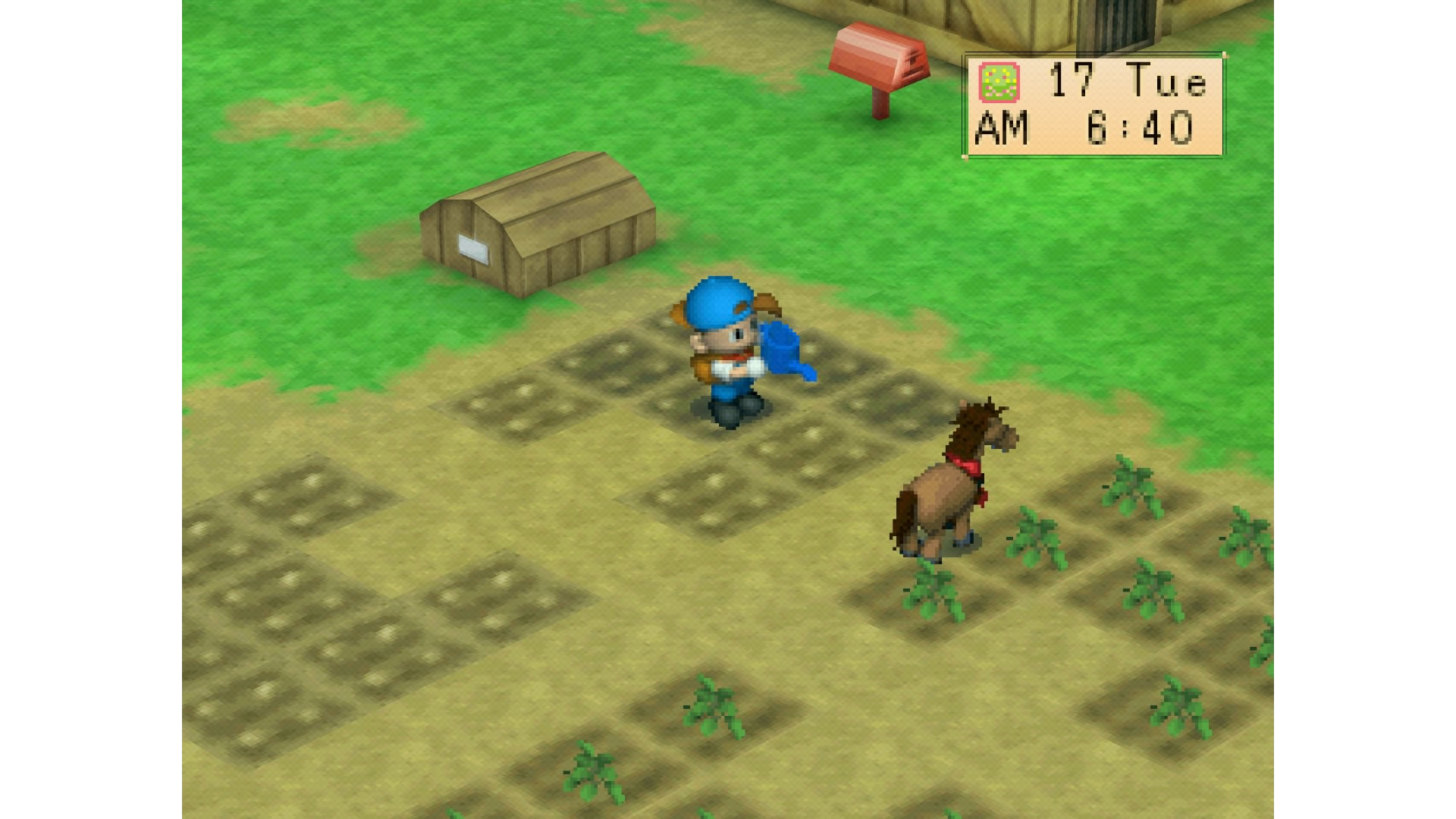 Protagonist of Harvest Moon: Back to Nature watering the farm plots, there's a horse nearby. The time reads 6:40 am.