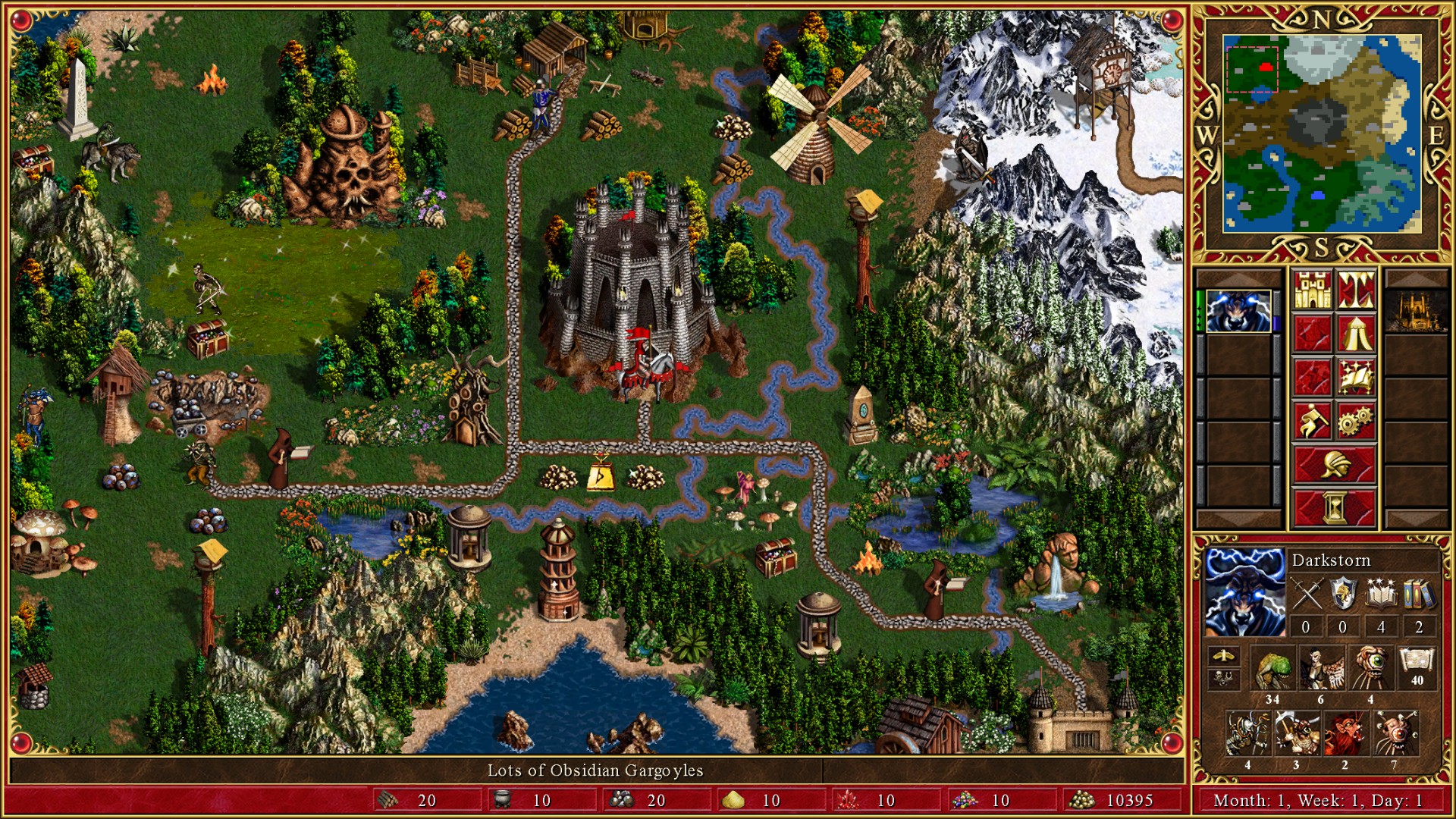 A Heroes of Might and Magic III map with a dark fantasy castle, forest, and mountains, showing a character panel and the user interface.