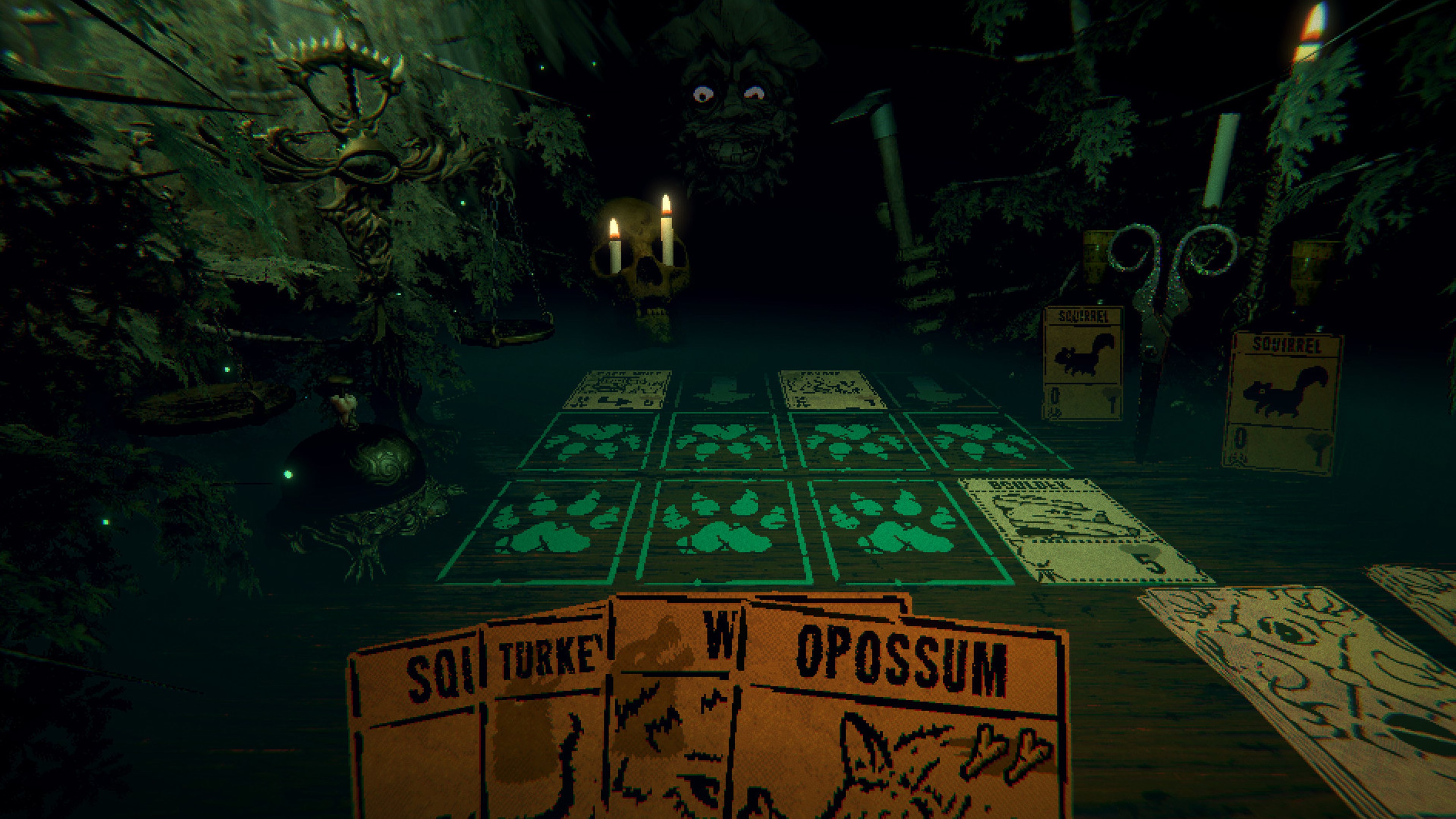 A screenshot from Inscryption shows a dark, eerie tabletop with playing cards featuring animal designs and lit candles.