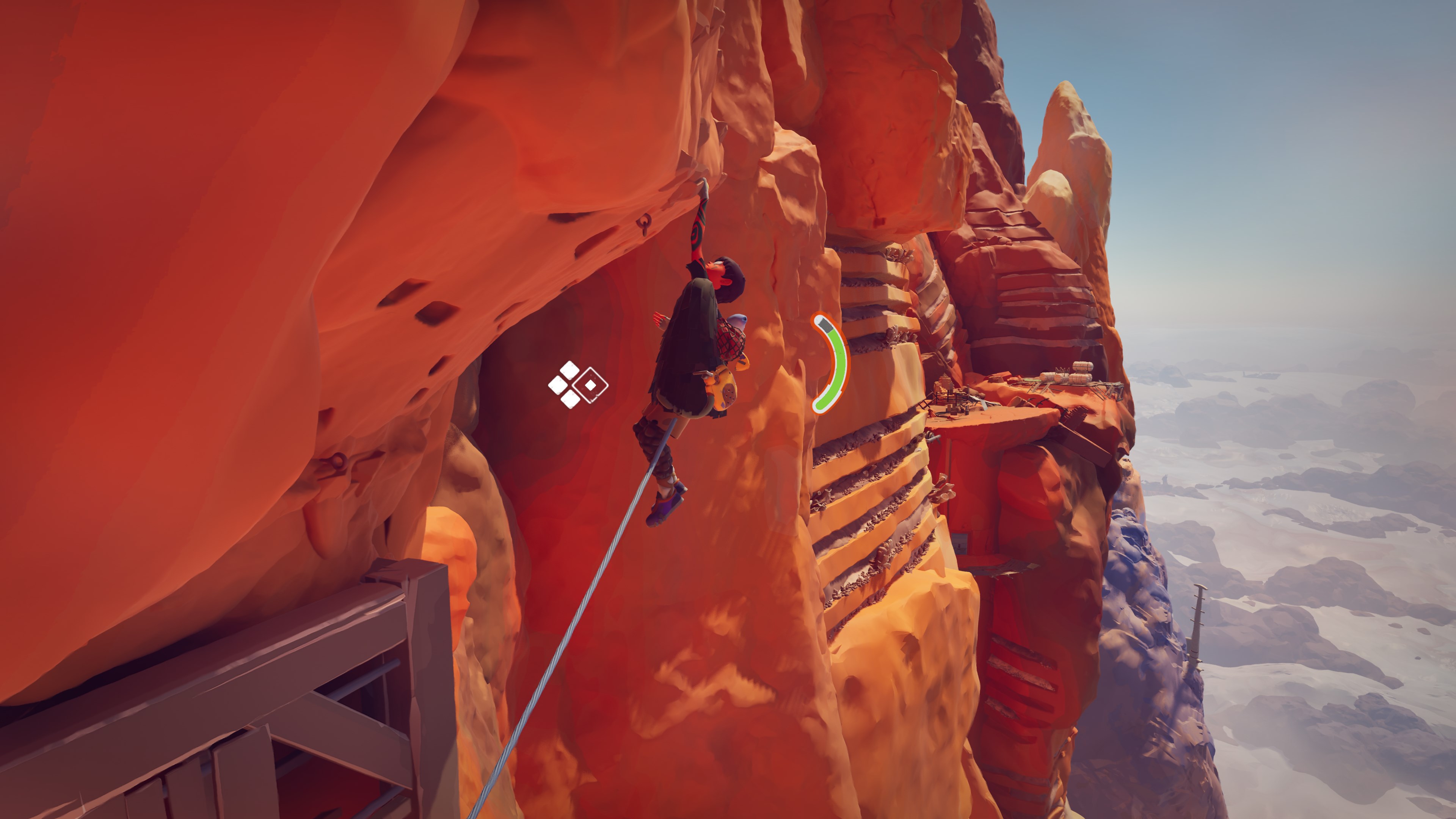 A screenshot from Jusant shows a character climbing a steep, reddish-brown rock face with a rope.