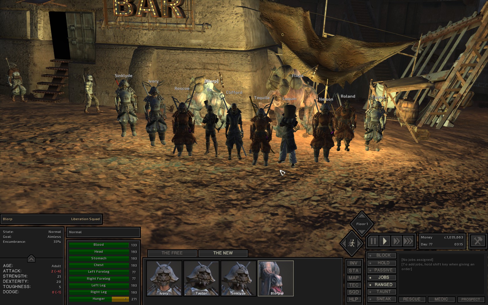 Kenshi shows a squad of characters with their names hovering over their heads, standing in front of a bar.
