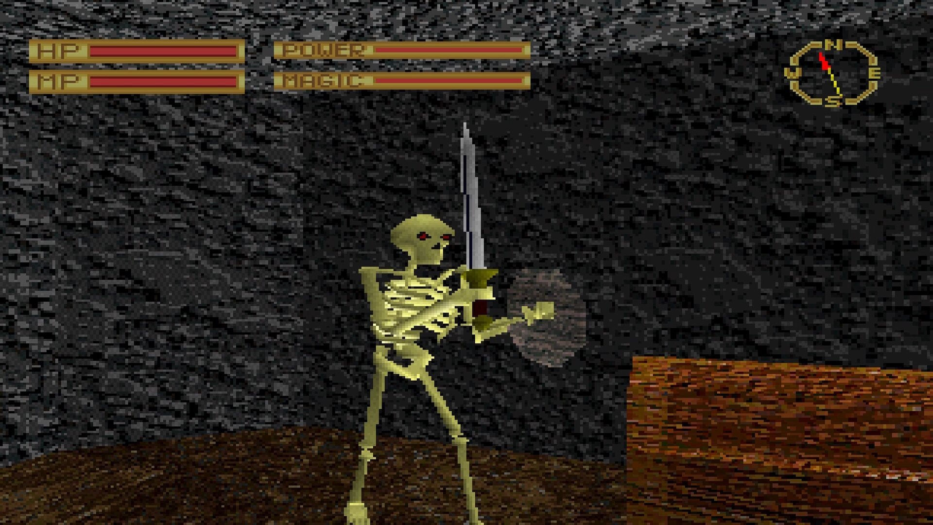 King's Field  1 (the Japanese release) - a low polygon skeleton attacking the player in a dungeon.