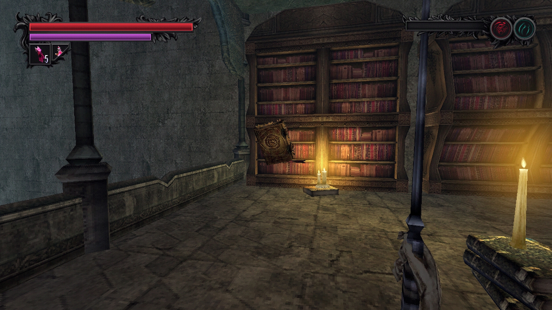 A first person view of an ancient library with a book floating (menacingly) in front of a player. Screenshot by author.