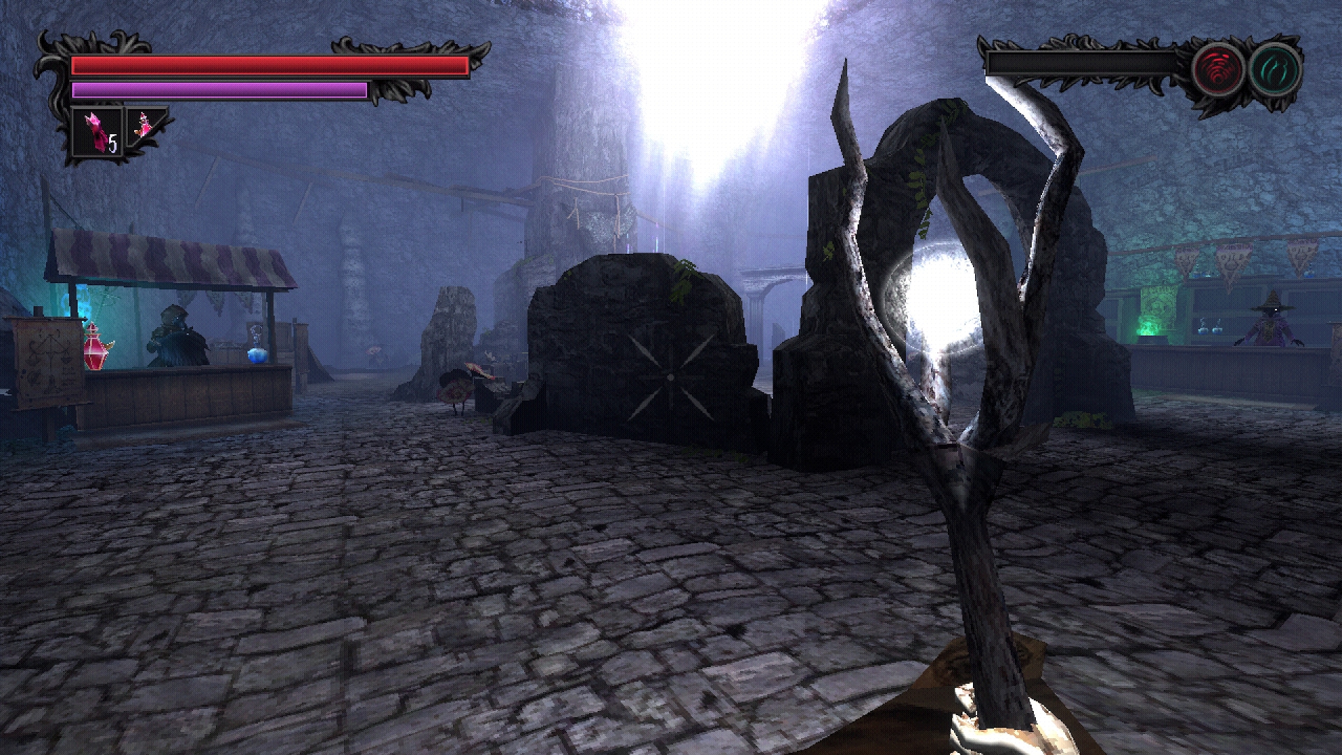 A first person view of a cavernous ruins, with a merchant stall, a bar, and a few oddly clothed characters. Screenshot by author.