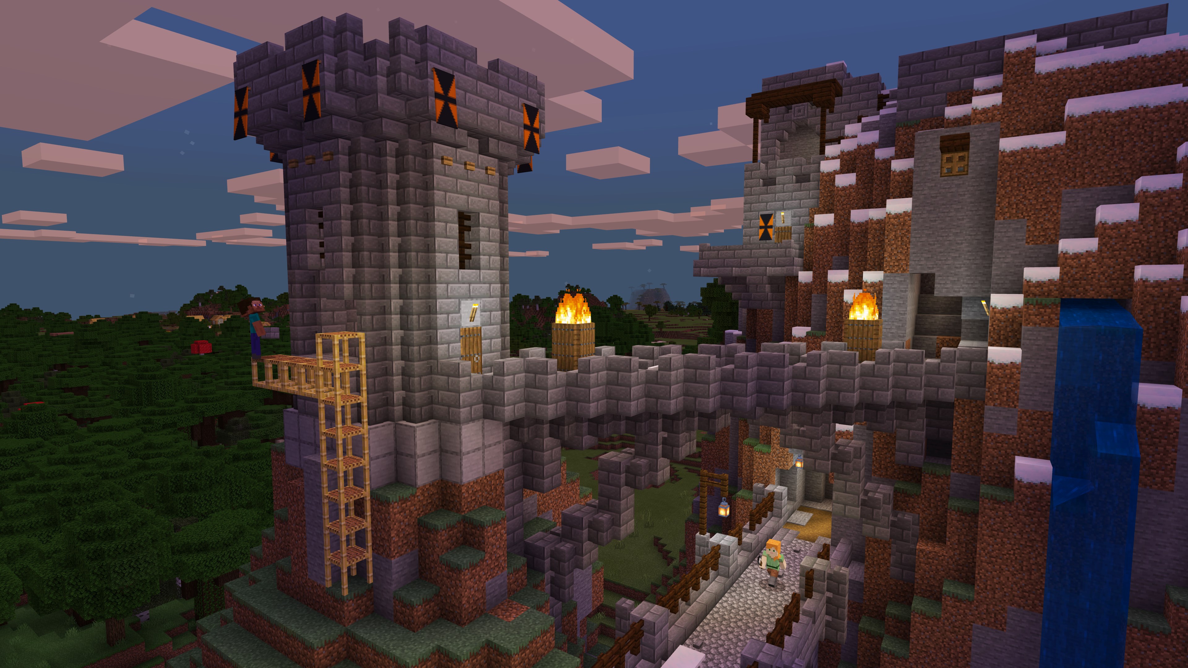 A screenshot from Minecraft shows a large, blocky castle with towers and torches, set against a dark, pixelated sky.