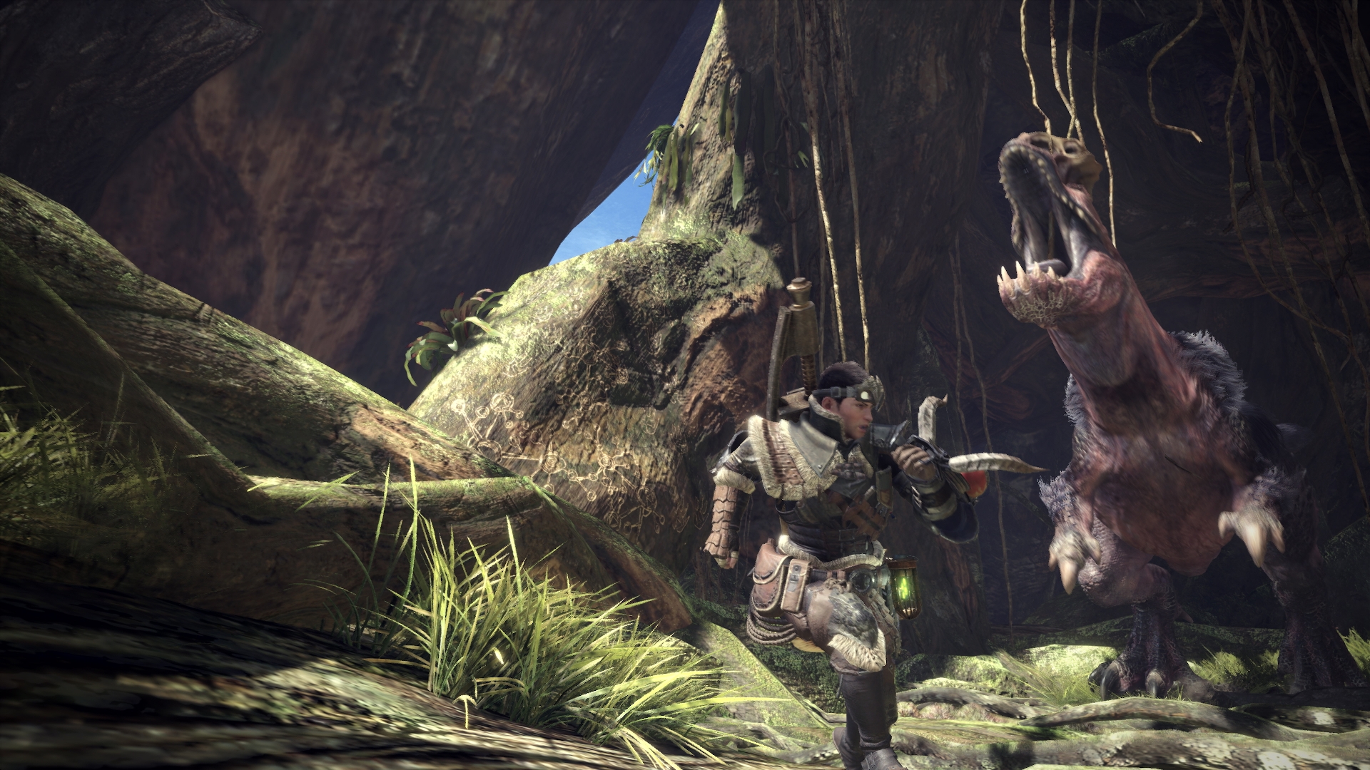 The titular monster hunter is running away from a monster they are hunting. Image courtesy of Capcom.